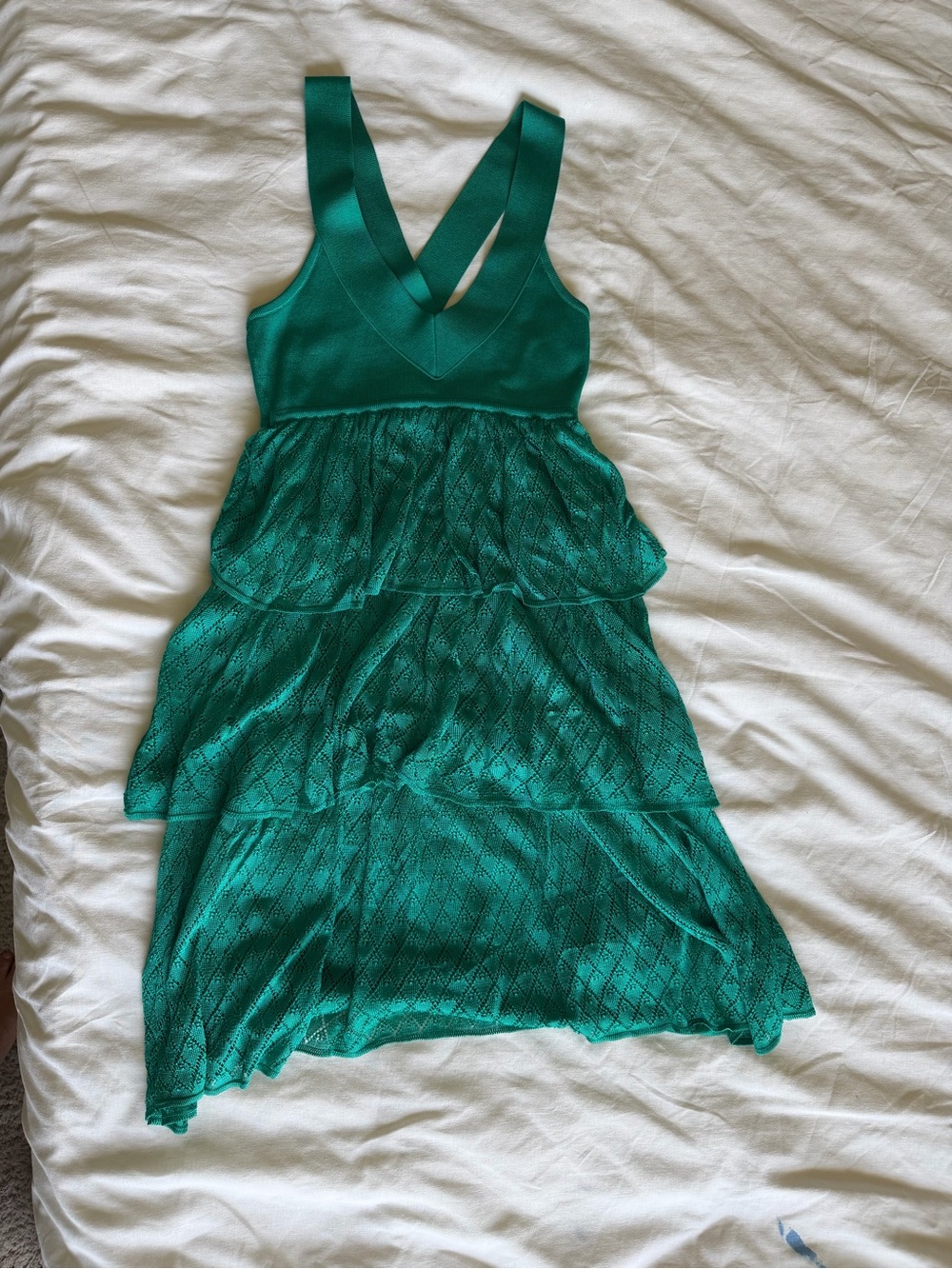 bebe Emerald Green Tiered Lace Dress with Crossback Straps